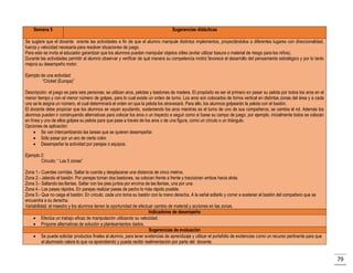 Semana 5

Sugerencias didácticas

Se sugiere que el docente oriente las actividades a fin de que el alumno manipule distintos implementos, proyectándolos a diferentes lugares con direccionalidad,
fuerza y velocidad necesaria para resolver situaciones de juego.
Para esto se invita al educador garantizar que los alumnos puedan manipular objetos útiles (evitar utilizar basura o material de riesgo para los niños).
Durante las actividades permitir al alumno observar y verificar de qué manera su competencia motriz favorece el desarrollo del pensamiento estratégico y por lo tanto
mejora su desempeño motor.
Ejemplo de una actividad:
“Cricket (Europa)”
Descripción: el juego es para seis personas; se utilizan aros, pelotas y bastones de madera. El propósito es ser el primero en pasar su pelota por todos los aros en el
menor tiempo y con el menor número de golpes, para lo cual existe un orden de turno. Los aros son colocados de forma vertical en distintas zonas del área y a cada
uno se le asigna un número, el cual determinará el orden en que la pelota los atravesará. Para ello, los alumnos golpearán la pelota con el bastón.
El docente debe propiciar que los alumnos se vayan ayudando, sosteniendo los aros mientras es el turno de uno de sus compañeros; se cambia el rol. Además los
alumnos pueden ir construyendo alternativas para colocar los aros o un trayecto a seguir como si fuese su campo de juego, por ejemplo, inicialmente todos se colocan
en línea y uno de ellos golpea su pelota para que pase a través de los aros o de una figura, como un círculo o un triángulo.
Opciones de aplicación:
 Se van intercambiando las tareas que se quieren desempeñar.
 Sólo pasar por un aro de cierto color.
 Desempeñar la actividad por parejas o equipos.
Ejemplo 2:
Circuito: “ Las 5 zonas”
Zona 1.- Cuerdas corridas. Saltar la cuerda y desplazarse una distancia de cinco metros.
Zona 2.- Jalando el bastón. Por parejas toman dos bastones, se colocan frente a frente y traccionan ambos hacia atrás.
Zona 3.- Saltando las llantas. Saltar con los pies juntos por encima de las llantas, una por una.
Zona 4.- Los pases rápidos. En parejas realizar pases de pecho lo más rápido posible.
Zona 5.- Que no caiga el bastón. En círculo, cada uno toma su bastón con la mano derecha. A la señal soltarlo y correr a sostener el bastón del compañero que se
encuentra a su derecha.
Variabilidad: el maestro y los alumnos tienen la oportunidad de efectuar cambio de material y acciones en las zonas.
Indicadores de desempeño
 Efectúa un trabajo eficaz de manipulación utilizando su velocidad.
 Propone alternativas de solución a planteamientos dados.
Sugerencias de evaluación
 Se puede solicitar productos finales al alumno, para tener evidencias de aprendizaje y utilizar el portafolio de evidencias como un recurso pertinente para que
el alumnado valore lo que va aprendiendo y pueda recibir realimentación por parte del docente.

79

 