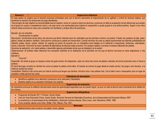 Semana 6
Sugerencias didácticas
En esta sesión se sugiere que el docente proponga actividades para que el alumno demuestre el mejoramiento de su agilidad y control de diversos objetos, que
beneficien la solución de situaciones de juego planteadas.
Para el logro de este objetivo es recomendable para el maestro, tomar en cuenta a todos los alumnos y promover en ellos la aceptación de las diferencias que existen
en el grupo en cuanto a competencia motriz y ver esto como una oportunidad para originar la cooperación y ayuda grupal en una actitud positiva. Sugerir a los niños
reforzar estas acciones en casa y las compartan con familiares y amigos (libro de aventuras).
Ejemplo de una actividad:
“Construyendo mi pelota”
Descripción: previamente se les pide a los alumnos que lleven distintos tipos de materiales que les permitan construir una pelota. Pueden ser pedazos de tela, papel,
globos, bolsas de plástico, etcétera. Cada alumno construye su pelota de manera libre. Cuando terminan de crear su pelota experimentan las distintas posibilidades de
utilizarla: patear, lanzar, cachar, rebotar. En seguida se ponen de acuerdo con un compañero para trabajar en lo referente a trayectorias, distancias, velocidades,
fuerza y dirección. Encontrar la mayor cantidad de alternativas de efectuar estas acciones. Por equipos realizan una tarea novedosa utilizando las pelotas.
Opciones de aplicación: unir varias pelotas y desarrollar algunas actividades de las que se trabajaron en la sesión.
Observaciones: El profesor debe relacionar los conceptos implícitos en la realización de la actividad con los que el alumno reconoce en otras asignaturas o vida
cotidiana.
Ejemplo 2:
“Cono-fut”
Desarrollo: Se divide al grupo en equipos mixtos de igual número de integrantes, cada uno tiene tres conos de plástico ubicados de forma horizontal como si fuera la
portería.
El móvil del juego consiste en derribar los conos al patear la pelota contra ellos. Al hacerlo se reinicia el juego desde la media cancha. Se juega a dos tiempos, a la
mitad se cambia de campo.
Variabilidad: Distribuir más conos pero por toda la cancha que tengan que derribar, introducir dos o tres pelotas más. Como balón mano o basquetbol, pero en lugar de
encestar o meter gol tirar los conos.
Indicadores de desempeño
 Identifica la agilidad como elemento consecutivo de la velocidad y flexibilidad
 Muestra mejora en su actuación individual y de conjunto
Sugerencias de evaluación
Es importante promover la reflexión del alumnado sobre los aprendizajes esperados que se quieren lograr, ya que con esto el alumno será consciente de la utilidad de
los mismos.
Sugerencias bibliográficas
 Programas de Estudio 2011. Primaria Quinto Grado.
 Libro de Texto Educación Física. Quinto Grado. Dirección General de Materiales Educativos, de la Subsecretaría de Educación Básica, SEP.
 La enseñanza y el aprendizaje de las habilidades y destrezas motrices básicas. Días Lucea, Jordi. Barcelona, INDE, 1999.
 Como enseñar valores a los niños. Shiller, Pam, México, Pax, 2001.
Materiales
 Material diverso para construir una pelota, conos, pelotas

81

 
