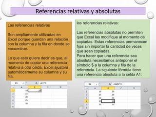 Referencias relativas y absolutas
Las referencias relativas
Son ampliamente utilizadas en
Excel porque guardan una relación
con la columna y la fila en donde se
encuentran.
Lo que esto quiere decir es que, al
momento de copiar una referencia
relativa a otra celda, Excel ajustará
automáticamente su columna y su
fila.
las referencias relativas:
Las referencias absolutas no permiten
que Excel las modifique al momento de
copiarlas. Estas referencias permanecen
fijas sin importar la cantidad de veces
que sean copiadas.
Para hacer que una referencia sea
absoluta necesitamos anteponer el
símbolo $ a la columna y fila de la
referencia. La siguiente fórmula tiene
una referencia absoluta a la celda A1:
 