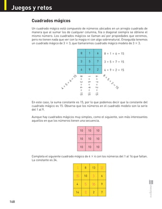 Juegos y retos
168
Cuadrados mágicos
Un cuadrado mágico está compuesto de números ubicados en un arreglo cuadrado de
manera que al sumar los de cualquier columna, fila o diagonal siempre se obtiene el
mismo número. Los cuadrados mágicos se llaman así por propiedades que veremos,
pero no tienen nada que ver con la magia ni con algo sobrenatural. Enseguida tenemos
un cuadrado mágico de 3 × 3, que llamaremos cuadrado mágico modelo de 3 × 3.
8 1 6 8 + 1 + 6 = 15
3 5 7 3 + 5 + 7 = 15
4 9 2 4 + 9 + 2 = 15
En este caso, la suma constante es 15, por lo que podemos decir que la constante del
cuadrado mágico es 15. Observa que los números en el cuadrado modelo son la serie
del 1 al 9.
Aunque hay cuadrados mágicos muy simples, como el siguiente, son más interesantes
aquellos en que los números tienen una secuencia.
10 10 10
10 10 10
10 10 10
Completa el siguiente cuadrado mágico de 4 × 4 con los números del 1 al 16 que faltan.
La constante es 34.
8 13
10 6
4 9
14 2 7
6+7+2=15
1+5+9=15
8+3+4=15
4
+
5
+
6
=
15 8
+
5
+
2
=
15
	 1	 12
	 15	 3
	 5	 16
	 11
S-COM_MAT2-B4-166-175C.indd 168 3/6/13 12:04 PM
 