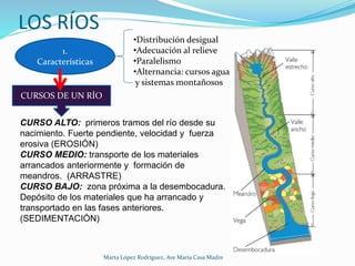 LOS RÍOS
1.
Características
•Distribución desigual
•Adecuación al relieve
•Paralelismo
•Alternancia: cursos agua
y sistema...