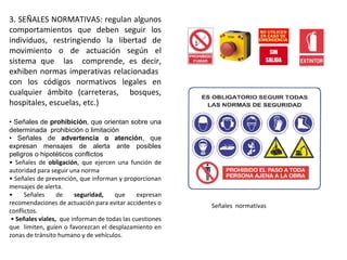 3. SEÑALES NORMATIVAS: regulan algunos
comportamientos que deben seguir los
individuos, restringiendo la libertad de
movimiento o de actuación según el
sistema que las comprende, es decir,
exhiben normas imperativas relacionadas
con los códigos normativos legales en
cualquier ámbito (carreteras, bosques,
hospitales, escuelas, etc.)
• Señales de prohibición, que orientan sobre una
determinada prohibición o limitación
• Señales de advertencia o atención, que
expresan mensajes de alerta ante posibles
peligros o hipotéticos conflictos
• Señales de obligación, que ejercen una función de
autoridad para seguir una norma
• Señales de prevención, que informan y proporcionan
mensajes de alerta.
• Señales de seguridad, que expresan
recomendaciones de actuación para evitar accidentes o
conflictos.
• Señales viales, que informan de todas las cuestiones
que limiten, guíen o favorezcan el desplazamiento en
zonas de tránsito humano y de vehículos.
Señales normativas
 