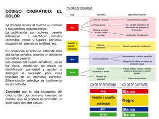 CÓDIGO CROMÁTICO: EL
COLOR
Se procura reducir al mínimo su número
y sus posibles combinaciones.
La codificación por colores permite
diferenciar e identificar distintos
recorridos, zonas y lugares, servicios,
situación en plantas de edificios, etc.
En ocasiones el color se extiende mas
allá de las señales, creando un ambiente
cromático general.
Los colores del mundo señalético, ya se
ha dicho, constituyen un medio de
identificación primordial y ayudan a
distinguir lo necesario para cada
individuo en un momento concreto.
Diferenciación selectiva se fundamenta
en el contraste.
Contraste por la alta saturación del
color, o bien por contraste luminoso de
colores, que se produce al confrontar un
color claro con otro oscuro.
 
