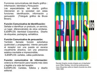 Funciones comunicativas del diseño gráfico :
Información, Identidad y Persuasión
Las especialidades del diseño gráfico
intervienen en la sociedad con estas
funciones: identificación, información y
persuasión (Triángulo gráfico de Bruce
Brown).
Función Comunicativa de Identificación:
Señalar e identificar un producto, un servicio,
un lugar, diferenciándolo de otros similares.
EJEMPLOS: Identidad Corporativa, Diseño
de etiquetas, packaging, señalética.
Función Comunicativa de persuasión:
También llamada función exhortativa
(publicidad y propaganda): intenta persuadir
al receptor con una puesta en escena
visualmente atractiva, con una presencia
estética inevitable e imprescindible.
EJEMPLOS: carteles, vallas publicitarias.
Función comunicativa de información:
ordena la información para hacerla más clara
y legible a la vista del receptor.
EJEMPLOS: Carteles, folletos y diseño
editorial.
Revista Graphis revista dirigida por el diseñador
suizo Wlter Herdeg. Una de las publicaciones
mas influyentes sobre el diseño durante los años
1940-1960
 