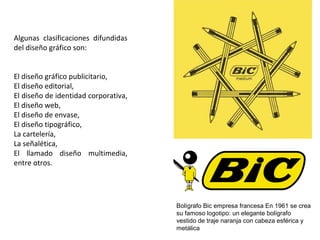 Algunas clasificaciones difundidas
del diseño gráfico son:
El diseño gráfico publicitario,
El diseño editorial,
El diseño de identidad corporativa,
El diseño web,
El diseño de envase,
El diseño tipográfico,
La cartelería,
La señalética,
El llamado diseño multimedia,
entre otros.
Bolígrafo Bic empresa francesa En 1961 se crea
su famoso logotipo: un elegante bolígrafo
vestido de traje naranja con cabeza esférica y
metálica
 