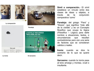 Símil o comparación.- El símil
establece un vínculo entre dos
clases de ideas u objetos, a
través de la conjunción
comparativa ‘como’
Paradoja: del griego “Para” y
“Doxos”, que significa “más allá
de lo creíble” y es un Concepto
filosófico que ocupa la lógica
(Filosófico – Lógico) para darle
nombre a situaciones, textos, o
circunstancias que resultan
contradictorias pero con una serie
de factores que se consideran
validos o reales.
Ironía: cuando se dice lo
contrario de lo que se quiere
decir.
Sarcasmo: cuando la ironía pasa
al tono amargo y mordaz, cruel o
insultante.
La comparación
La ironía El sarcasmo
Paradoja
 