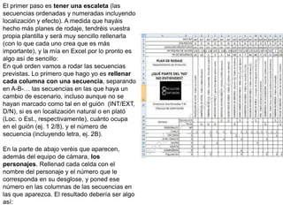 El primer paso es tener una escaleta (las
secuencias ordenadas y numeradas incluyendo
localización y efecto). A medida que hayáis
hecho más planes de rodaje, tendréis vuestra
propia plantilla y será muy sencillo rellenarla
(con lo que cada uno crea que es más
importante), y la mía en Excel por lo pronto es
algo así de sencillo:
En qué orden vamos a rodar las secuencias
previstas. Lo primero que hago yo es rellenar
cada columna con una secuencia, separando
en A-B-… las secuencias en las que haya un
cambio de escenario, incluso aunque no se
hayan marcado como tal en el guión (INT/EXT,
D/N), si es en localización natural o en plató
(Loc. o Est., respectivamente), cuánto ocupa
en el guión (ej. 1 2/8), y el número de
secuencia (incluyendo letra, ej. 2B).
En la parte de abajo veréis que aparecen,
además del equipo de cámara, los
personajes. Rellenad cada celda con el
nombre del personaje y el número que le
corresponda en su desglose, y poned ese
número en las columnas de las secuencias en
las que aparezca. El resultado debería ser algo
así:
 