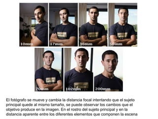 El fotógrafo se mueve y cambia la distancia focal intentando que el sujeto
principal quede al mismo tamaño, se puede observar los cambios que el
objetivo produce en la imagen. En el rostro del sujeto principal y en la
distancia aparente entre los diferentes elementos que componen la escena
 