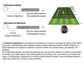 La distancia hiperfocal es la distancia de enfoque en la que se consigue la mayor profundidad
de campo, extendiéndose ésta desde la mitad de dicha distancia hasta el infinito. Enfocar en
dicha distancia nos ayudará a obtener la máxima nitidez en nuestras fotos, por ejemplo, de
paisajes.
En el siguiente ejemplo, la distancia hiperfocal que nos permitía obtener la máxima profundidad
de campo y así dejar todo lo más nítido posible era 6 metros. Así, nos situamos a 6 metros del
sujeto, lo enfocamos y obtenemos la máxima profundidad de campo, que se extiende desde la
mitad de la distancia, 3 metros, hasta el infinito.
 