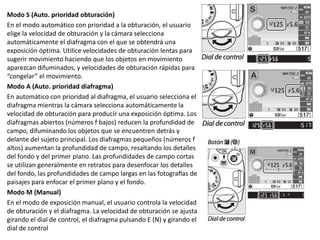 Modo S (Auto. prioridad obturación)
En el modo automático con prioridad a la obturación, el usuario
elige la velocidad de obturación y la cámara selecciona
automáticamente el diafragma con el que se obtendrá una
exposición óptima. Utilice velocidades de obturación lentas para
sugerir movimiento haciendo que los objetos en movimiento
aparezcan difuminados, y velocidades de obturación rápidas para
“congelar” el movimiento.
Modo A (Auto. prioridad diafragma)
En automático con prioridad al diafragma, el usuario selecciona el
diafragma mientras la cámara selecciona automáticamente la
velocidad de obturación para producir una exposición óptima. Los
diafragmas abiertos (números f bajos) reducen la profundidad de
campo, difuminando los objetos que se encuentren detrás y
delante del sujeto principal. Los diafragmas pequeños (números f
altos) aumentan la profundidad de campo, resaltando los detalles
del fondo y del primer plano. Las profundidades de campo cortas
se utilizan generalmente en retratos para desenfocar los detalles
del fondo, las profundidades de campo largas en las fotografías de
paisajes para enfocar el primer plano y el fondo.
Modo M (Manual)
En el modo de exposición manual, el usuario controla la velocidad
de obturación y el diafragma. La velocidad de obturación se ajusta
girando el dial de control, el diafragma pulsando E (N) y girando el
dial de control
 