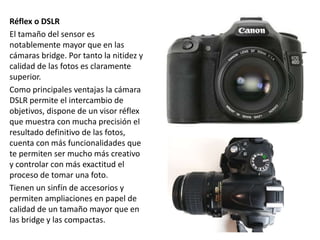 Réflex o DSLR
El tamaño del sensor es
notablemente mayor que en las
cámaras bridge. Por tanto la nitidez y
calidad de las fotos es claramente
superior.
Como principales ventajas la cámara
DSLR permite el intercambio de
objetivos, dispone de un visor réflex
que muestra con mucha precisión el
resultado definitivo de las fotos,
cuenta con más funcionalidades que
te permiten ser mucho más creativo
y controlar con más exactitud el
proceso de tomar una foto.
Tienen un sinfín de accesorios y
permiten ampliaciones en papel de
calidad de un tamaño mayor que en
las bridge y las compactas.
 