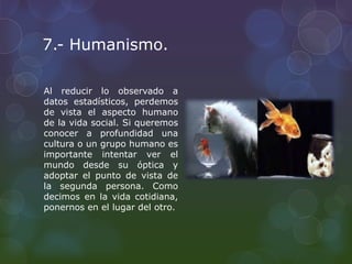 7.- Humanismo.
Al reducir lo observado a
datos estadísticos, perdemos
de vista el aspecto humano
de la vida social. Si queremos
conocer a profundidad una
cultura o un grupo humano es
importante intentar ver el
mundo desde su óptica y
adoptar el punto de vista de
la segunda persona. Como
decimos en la vida cotidiana,
ponernos en el lugar del otro.
 