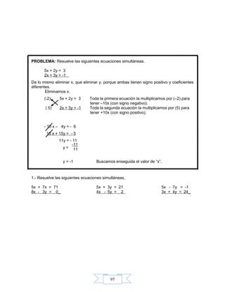 97
PROBLEMA: Resuelve las siguientes ecuaciones simultáneas.
5x + 2y = 3
2x + 3y = -1
Da lo mismo eliminar x, que eliminar y, porque ambas tienen signo positivo y coeficientes
diferentes.
Eliminamos x.
(-2) 5x + 2y = 3 Toda la primera ecuación la multiplicamos por (–2) para
tener –10x (con signo negativo).
( 5) 2x + 3y = -1 Toda la segunda ecuación la multiplicamos por (5) para
tener +10x (con signo positivo).
- 10 x – 4y = - 6
10 x + 15y = - 5
11y = - 11
y =
y = -1 Buscamos enseguida el valor de “x”.
1.- Resuelve las siguientes ecuaciones simultáneas,
5x + 7x = 71 5x + 3y = 21 5x - 7y = -1
8x - 3y = 0_ 4x - 5y = 2 3x + 4y = 24_
-11
11
 