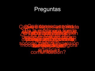 Preguntas ¿Es tu cuerpo un soporte? ¿En que tipo de ocasiones lo puedes considerar así? ¿De que manera puede servir tu cuerpo como soporte para la expresión artística? ¿Es la moda una forma de expresión artística o cultural? Cuando sigues una moda ¿lo haces por convicción o porque así lo señalan los medios de comunicación?  ¿Qué consecuencias físicas y sociales traen consigo las formas de modificación de la figura humana? ¿Qué diferencias existen entre el body paint y el tatuaje además de la temporalidad? 