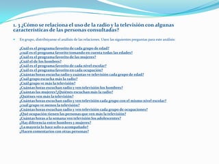 1. 3 ¿Cómo se relaciona el uso de la radio y la televisión con algunas
características de las personas consultadas?
   En grupo, distribúyanse el análisis de las relaciones. Usen las siguientes preguntas para este análisis:

    ¿Cuál es el programa favorito de cada grupo de edad?
    ¿cuál es el programa favorito tomando en cuenta todas las edades?
    ¿Cuál es el programa favorito de las mujeres?
    ¿Cuál el de los hombres?
    ¿Cuál es el programa favorito de cada nivel escolar?
    ¿Cuál es el programa favorito en cada ocupación?
    ¿Cuántas horas escucha radio y cuántas ve televisión cada grupo de edad?
    ¿Cuál grupo escucha más la radio?
    ¿Cuál grupo ve más la televisión?
    ¿Cuántas horas escuchan radio y ven televisión los hombres?
    ¿Cuántas las mujeres?¿Quiénes escuchan más la radio?
    ¿Quiénes ven más la televisión?
    ¿Cuántas horas escuchan radio y ven televisión cada grupo con el mismo nivel escolar?
    ¿cuál grupo ve menos la televisión?
    ¿Cuántas horas escuchan radio y ven televisión cada grupo de ocupaciones?
    ¿Qué ocupación tienen las personas que ven más la televisión?
    ¿Cuántas horas a la semana ven televisión los adolescentes?
    ¿Hay diferencia entre hombres y mujeres?
    ¿La mayoría lo hace solo o acompañado?
    ¿Hacen comentarios con otras personas?
 