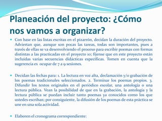 Planeación del proyecto: ¿Cómo
nos vamos a organizar?
 Con base en las listas escritas en el pizarrón, decidan la duración del proyecto.
  Adviertan que, aunque son pocas las tareas, todas son importantes, pues a
  través de ellas se va desenvolviendo el proceso para escribir poemas con formas
  distintas a las practicadas en el proyecto 10; fíjense que en este proyecto están
  incluidas varias secuencias didácticas específicas. Tomen en cuenta que la
  sugerencia es ocupar de 7 a 9 sesiones.

 Decidan las fechas para: 1. La lectura en voz alta, declamación y/o grabación de
  los poemas tradicionales seleccionados. 2. Terminar los poemas propios. 3.
  Difundir los textos originales en el periódico escolar, una antología o una
  lectura pública. Vean la posibilidad de que en la grabación, la antología y la
  lectura pública se puedan incluir tanto poemas ya conocidos como los que
  ustedes escriban; por consiguiente, la difusión de los poemas de esta práctica se
  une en una sola actividad.

 Elaboren el cronograma correspondiente:
 