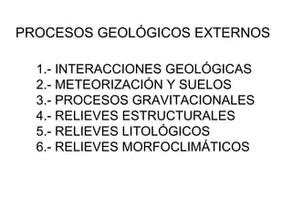 PROCESOS GEOLÓGICOS EXTERNOS
1.- INTERACCIONES GEOLÓGICAS
2.- METEORIZACIÓN Y SUELOS
3.- PROCESOS GRAVITACIONALES
4.- RELIEVES ESTRUCTURALES
5.- RELIEVES LITOLÓGICOS
6.- RELIEVES MORFOCLIMÁTICOS
 