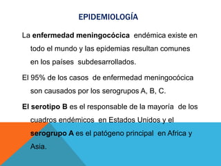 EPIDEMIOLOGÍA
La enfermedad meningocócica endémica existe en
todo el mundo y las epidemias resultan comunes
en los países subdesarrollados.
El 95% de los casos de enfermedad meningocócica
son causados por los serogrupos A, B, C.
El serotipo B es el responsable de la mayoría de los
cuadros endémicos en Estados Unidos y el
serogrupo A es el patógeno principal en Africa y
Asia.
 