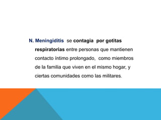 N. Meningiditis se contagia por gotitas
respiratorias entre personas que mantienen
contacto íntimo prolongado, como miembros
de la familia que viven en el mismo hogar, y
ciertas comunidades como las militares.
 
