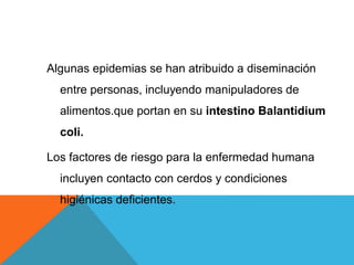 Algunas epidemias se han atribuido a diseminación
entre personas, incluyendo manipuladores de
alimentos.que portan en su intestino Balantidium
coli.
Los factores de riesgo para la enfermedad humana
incluyen contacto con cerdos y condiciones
higiénicas deficientes.
 