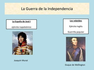 La Guerra de la Independencia
La España de José I
ejército napoleónico
Los rebeldes
Ejército inglés
Guerrilla popular
Joaquín Murat
Duque de Wellington
 