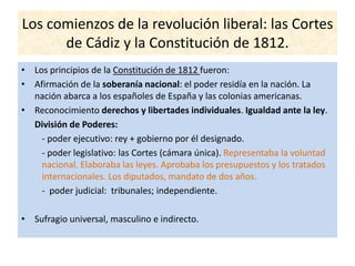 Los comienzos de la revolución liberal: las Cortes
de Cádiz y la Constitución de 1812.
• Los principios de la Constitución de 1812 fueron:
• Afirmación de la soberanía nacional: el poder residía en la nación. La
nación abarca a los españoles de España y las colonias americanas.
• Reconocimiento derechos y libertades individuales. Igualdad ante la ley.
División de Poderes:
- poder ejecutivo: rey + gobierno por él designado.
- poder legislativo: las Cortes (cámara única). Representaba la voluntad
nacional. Elaboraba las leyes. Aprobaba los presupuestos y los tratados
internacionales. Los diputados, mandato de dos años.
- poder judicial: tribunales; independiente.
• Sufragio universal, masculino e indirecto.
 
