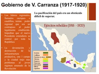 +
• Los líderes regionales,
llamados caciques o
caudillos, tenían poder
regional que era un
contrapeso al poder
legalmente establecido.
Impedían que el nuevo
Presidente extendiera su
control por toda la
República
• La devastación y
destrucción de la
infraestructura
productiva, ene l campo
y la ciudad trajo mas
problemas al joven
régimen emanado de la
Revolución
Gobierno de V. Carranza (1917-1920)
La pacificación del país era un obstáculo
difícil de superar.
 