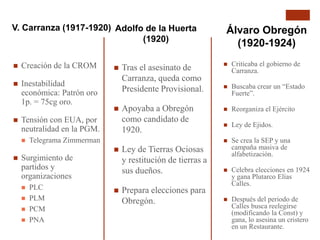 V. Carranza (1917-1920) Adolfo de la Huerta
(1920)
Álvaro Obregón
(1920-1924)
 Creación de la CROM
 Inestabilidad
económica: Patrón oro
1p. = 75cg oro.
 Tensión con EUA, por
neutralidad en la PGM.
 Telegrama Zimmerman
 Surgimiento de
partidos y
organizaciones
 PLC
 PLM
 PCM
 PNA
 Criticaba el gobierno de
Carranza.
 Buscaba crear un “Estado
Fuerte”.
 Reorganiza el Ejército
 Ley de Ejidos.
 Se crea la SEP y una
campaña masiva de
alfabetización.
 Celebra elecciones en 1924
y gana Plutarco Elías
Calles.
 Después del periodo de
Calles busca reelegirse
(modificando la Const) y
gana, lo asesina un cristero
en un Restaurante.
 Tras el asesinato de
Carranza, queda como
Presidente Provisional.
 Apoyaba a Obregón
como candidato de
1920.
 Ley de Tierras Ociosas
y restitución de tierras a
sus dueños.
 Prepara elecciones para
Obregón.
 