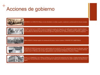 +
Acciones de gobierno
REFORMA AL EJÉRCITO Obligó a la alta oficialidad a revalidar su grado y modernizó y profesionalizó las fuerzas armadas.
POLITICA HACIA EL CAMPO Promovió la legislación agraria, de irrigación y de crédito para el campo. Fundó los bancos
Ejidal y Agrícola. Reestructuró la escuela de Chapingo y la de Medicina Veterinaria. Estableció escuelas rurales y mantuvo en
funcionamiento las Misiones Rurales con técnicos agrícolas. Repartió más de 3 millones de hectáreas a 300 mil campesinos
OBRA PÚBLICA Destinó capital a la construcción de presas y nuevos caminos. CONSTRUYO CARRETERAS.
CORPORATIVISMO Promulgó las leyes reglamentarias de los artículos 4° y 123°, normando las relaciones laborales; tuteló la
sindicalización;. Respaldó al movimiento obrero mediante la Confederación Regional Obrera Mexicana y el Partido Laborista.
Nombró a Luis N. Morones, jefe de ambos agrupamientos, como secretario de Industria, Comercio y Trabajo.
BANCA Y COMERCIO: Creo el Banco de México y la Ley General de Instituciones de Crédito y Establecimientos Bancarios y
la Comisión Nacional Bancaria, cuya función principal era vigilar que las instituciones de crédito cumplieras las disposiciones
legales.
 