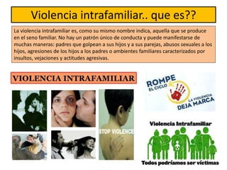 Violencia intrafamiliar.. que es??
La violencia intrafamiliar es, como su mismo nombre indica, aquella que se produce
en el seno familiar. No hay un patrón único de conducta y puede manifestarse de
muchas maneras: padres que golpean a sus hijos y a sus parejas, abusos sexuales a los
hijos, agresiones de los hijos a los padres o ambientes familiares caracterizados por
insultos, vejaciones y actitudes agresivas.
 