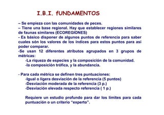 I.B.I. fUNDAMENTOS
– Se empieza con las comunidades de peces.
– Tiene una base regional. Hay que establecer regiones similares
de faunas similares (ECOREGIONES)
- Es básico disponer de algunos puntos de referencia para saber
cuales són los valores de los índices para estos puntos para así
poder comparar.
-Se usan 12 diferentes atributos agrupados en 3 grupos de
métricas:
    -La riqueza de especies y la composición de la comunidad.
    -la composición trófica, y la abundancia.

- Para cada métrica se definen tres puntuaciones:
    -Igual o ligera desviación de la referencia (5 puntos)
    -Desviación moderada de la referencia (3 p.)
    -Desviación elevada respecto referencia ( 1 p.)

   Requiere un estudio profundo para dar los límites para cada
   puntuación o un criterio “experto”.
 
