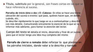  Título, subtítulo por lo general, son frases cortas en las que se
hace referencia al suceso.
Párrafos de inicio (Uno o dos ) O «Cabeza» En ellos se hace una breve
ubicación del suceso o evento: qué pasó, quiénes hacen que, en dónde,
cuándo, etc.
Se describe rápidamente lo que luego se va a contextualizar y describir
con más detalle. Comunicando únicamente lo esencial de lo que se va a
informar más adelante, para llamar la atención del lector.
Cuerpo del texto se detalla el inicio, desarrollo y final de un suceso
para que el lector tenga una idea muy completa del mismo
Párrafo de cierre o remate debe reforzar lo que planteo en
los párrafos iniciales, dando valor a lo descrito y narrado
 