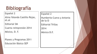 Bibliografía
Español 2
Alma Yolanda Castillo Rojas,
et.al
Editorial SM
Cuarta reimpresión 2014
México, D. F.
Planes y Programas 2011
Educación Básica SEP
Español 2
Humberto Cueva y Antonia
de la O
Editorial Trillas
2014
México D.F.
 