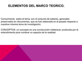 ELEMENTOS DEL MARCO TEORICO.
Conocimiento sobre el tema: son el conjunto de saberes, generales
preservados en documentos, que se han elaborado en el pasado respecto a
nuestros mismos tema de investigación.
CONCEPTOS: un concepto es una construcción intelectual, producida por el
entendimiento para nombrar un aspecto de la realidad.
 