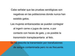 Cabe señalar que las pruebas serológicas son
negativas en las poblaciones donde nunca han
existido gatos.
Las mujeres embarazadas se pueden contagiar
al ingerir carne o jugos de carne, o por
contacto con heces de gato, y es posible la
transmisión transplacentaria al feto.
Se ha descrito la transmisión por transfusiones
de sangre contaminada pero no es frecuente.
 