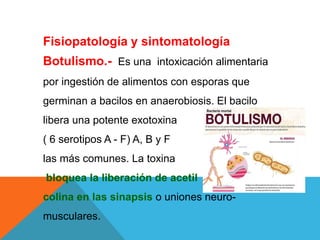 Fisiopatología y sintomatología
Botulismo.- Es una intoxicación alimentaria
por ingestión de alimentos con esporas que
germinan a bacilos en anaerobiosis. El bacilo
libera una potente exotoxina
( 6 serotipos A - F) A, B y F
las más comunes. La toxina
bloquea la liberación de acetil
colina en las sinapsis o uniones neuro-
musculares.
 