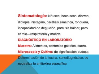 Sintomatología: Náusea, boca seca, diarrea,
diplopía, nistagmo, parálisis simétrica, ronquera,
incapacidad de deglución, parálisis bulbar, paro
cardio—respiratorio y muerte.
DIAGNÓSTICO EN LABORATORIO
Muestra: Alimentos, contenido gástrico, suero.
Microscopía y Cultivo: de significación dudosa.
Determinación de la toxina, xenodiagnóstico, se
neutraliza la antitoxina específica
 