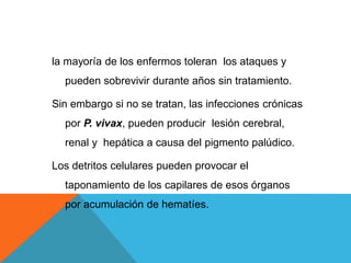 la mayoría de los enfermos toleran los ataques y
pueden sobrevivir durante años sin tratamiento.
Sin embargo si no se tratan, las infecciones crónicas
por P. vivax, pueden producir lesión cerebral,
renal y hepática a causa del pigmento palúdico.
Los detritos celulares pueden provocar el
taponamiento de los capilares de esos órganos
por acumulación de hematíes.
 