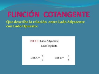 Que describe la relación entre Lado Adyacente
con Lado Opuesto:
 