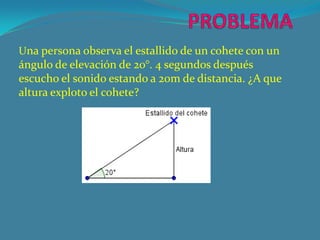 Una persona observa el estallido de un cohete con un
ángulo de elevación de 20°. 4 segundos después
escucho el sonido estando a 20m de distancia. ¿A que
altura exploto el cohete?
 
