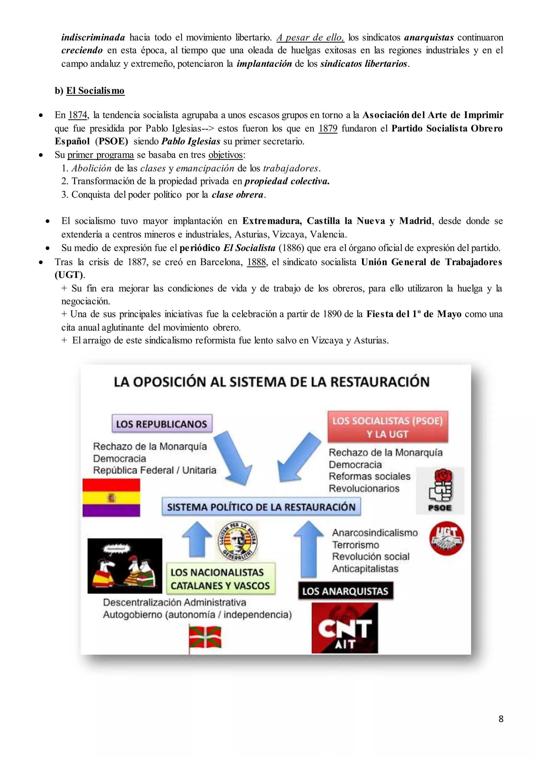 8
indiscriminada hacia todo el movimiento libertario. A pesar de ello, los sindicatos anarquistas continuaron
creciendo en esta época, al tiempo que una oleada de huelgas exitosas en las regiones industriales y en el
campo andaluz y extremeño, potenciaron la implantación de los sindicatos libertarios.
b) El Socialismo
 En 1874, la tendencia socialista agrupaba a unos escasos grupos en torno a la Asociación del Arte de Imprimir
que fue presidida por Pablo Iglesias--> estos fueron los que en 1879 fundaron el Partido Socialista Obrero
Español (PSOE) siendo Pablo Iglesias su primer secretario.
 Su primer programa se basaba en tres objetivos:
1. Abolición de las clases y emancipación de los trabajadores.
2. Transformación de la propiedad privada en propiedad colectiva.
3. Conquista del poder político por la clase obrera.
 El socialismo tuvo mayor implantación en Extremadura, Castilla la Nueva y Madrid, desde donde se
extendería a centros mineros e industriales, Asturias, Vizcaya, Valencia.
 Su medio de expresión fue el periódico El Socialista (1886) que era el órgano oficial de expresión del partido.
 Tras la crisis de 1887, se creó en Barcelona, 1888, el sindicato socialista Unión General de Trabajadores
(UGT).
+ Su fin era mejorar las condiciones de vida y de trabajo de los obreros, para ello utilizaron la huelga y la
negociación.
+ Una de sus principales iniciativas fue la celebración a partir de 1890 de la Fiesta del 1º de Mayo como una
cita anual aglutinante del movimiento obrero.
+ El arraigo de este sindicalismo reformista fue lento salvo en Vizcaya y Asturias.
 