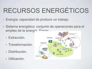 RECURSOS ENERGÉTICOS
• Energía: capacidad de producir un trabajo.
• Sistema energético: conjunto de operaciones para el
empleo de la energía. Fases:
• Extracción.
• Transformación.
• Distribución.
• Utilización.
 