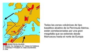 Todas las zonas volcánicas de tipo
basáltico alcalino de la Península Ibérica,
están correlacionadas por una gran
megafalla que se extiende desde
Marruecos hasta el norte de Europa