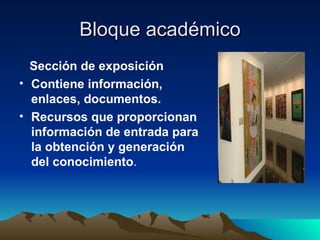 Bloque académico Sección de exposición Contiene información, enlaces, documentos. Recursos que proporcionan información de entrada para la obtención y generación del conocimiento . 