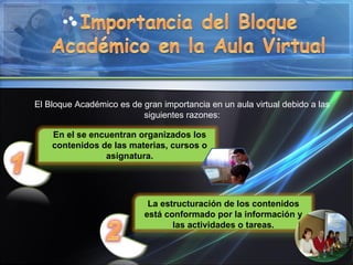 El Bloque Académico es de gran importancia en un aula virtual debido a las siguientes razones: En el se encuentran organizados los contenidos de las materias, cursos o asignatura. La estructuración de los contenidos está conformado por la información y las actividades o tareas. 