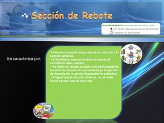 Permite compartir experiencias en relación a la sección anterior. El facilitador expone la tarea en donde el estudiante debe realizar. Se llama de rebote, porque sí el participante no ha leído la información presentada en la sección de exposición no podrá desarrollar la actividad. Al igual que la sección anterior, no se debe hacer exceso uso de recursos Se caracteriza por: 
