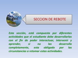 SECCION DE REBOTEEsta sección, está compuesta por diferentes actividades que el estudiante debe desarrollarlas con el fin de poder interactuar, intervenir y aprender, si no las desarrolla completamente, esta obligado por las circunstancias a retomar estas actividades.