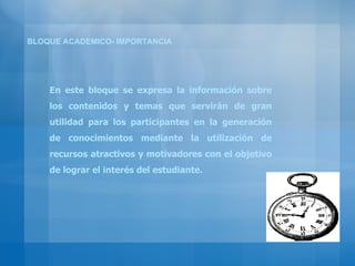 BLOQUE ACADEMICO- IMPORTANCIA En este bloque se expresa la información sobre los contenidos y temas que servirán de gran utilidad para los participantes en la generación de conocimientos mediante la utilización de recursos atractivos y motivadores con el objetivo de lograr el interés del estudiante. 