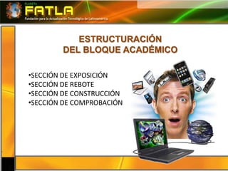 ESTRUCTURACIÓN
        DEL BLOQUE ACADÉMICO

•SECCIÓN DE EXPOSICIÓN
•SECCIÓN DE REBOTE
•SECCIÓN DE CONSTRUCCIÓN
•SECCIÓN DE COMPROBACIÓN
 