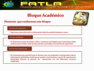 Elemento que conforman este bloque

   Sección de Exposición

   • Aquí esta contenida toda la información sobre la unidad temática o curso.

    Sección de Rebote

   • Se denomina sesión de rebote o filtro, contienes actividades que el estudiante debe
     analizar previo haber leído la información contenida en la sección de exposición.

   Sección de Construcción


   • Se Caracteriza por permitir que el alumno una vez analizado e interpretado toda la
     información pertinente construya su propio conocimiento a partir de experiencias
     adquiridas durante el proceso de interacción con los diferentes recursos
     empleados
 